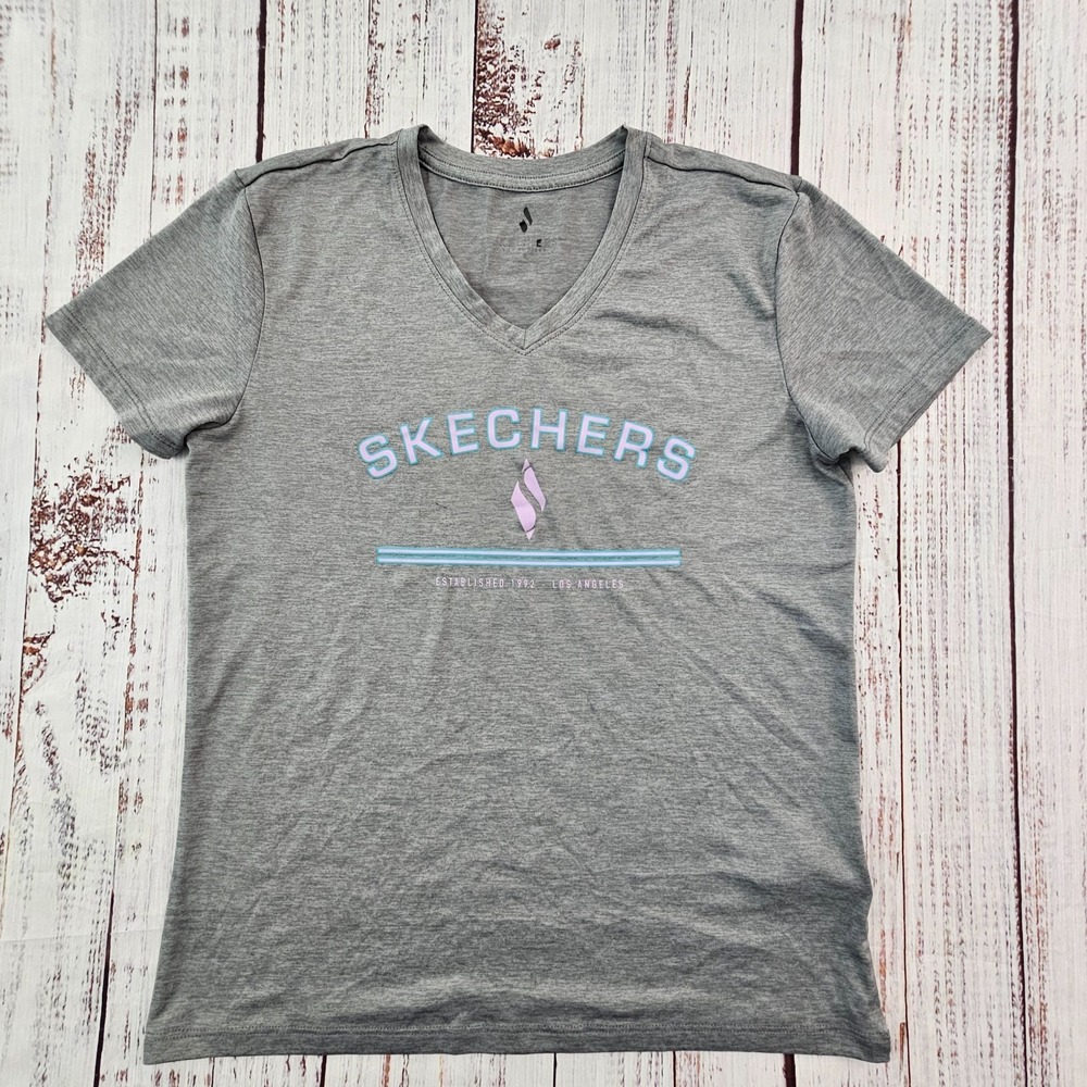 Skechers Est 1992 LA Gray Short Sleeve Polyester V-Neck T-Shirt Women's S